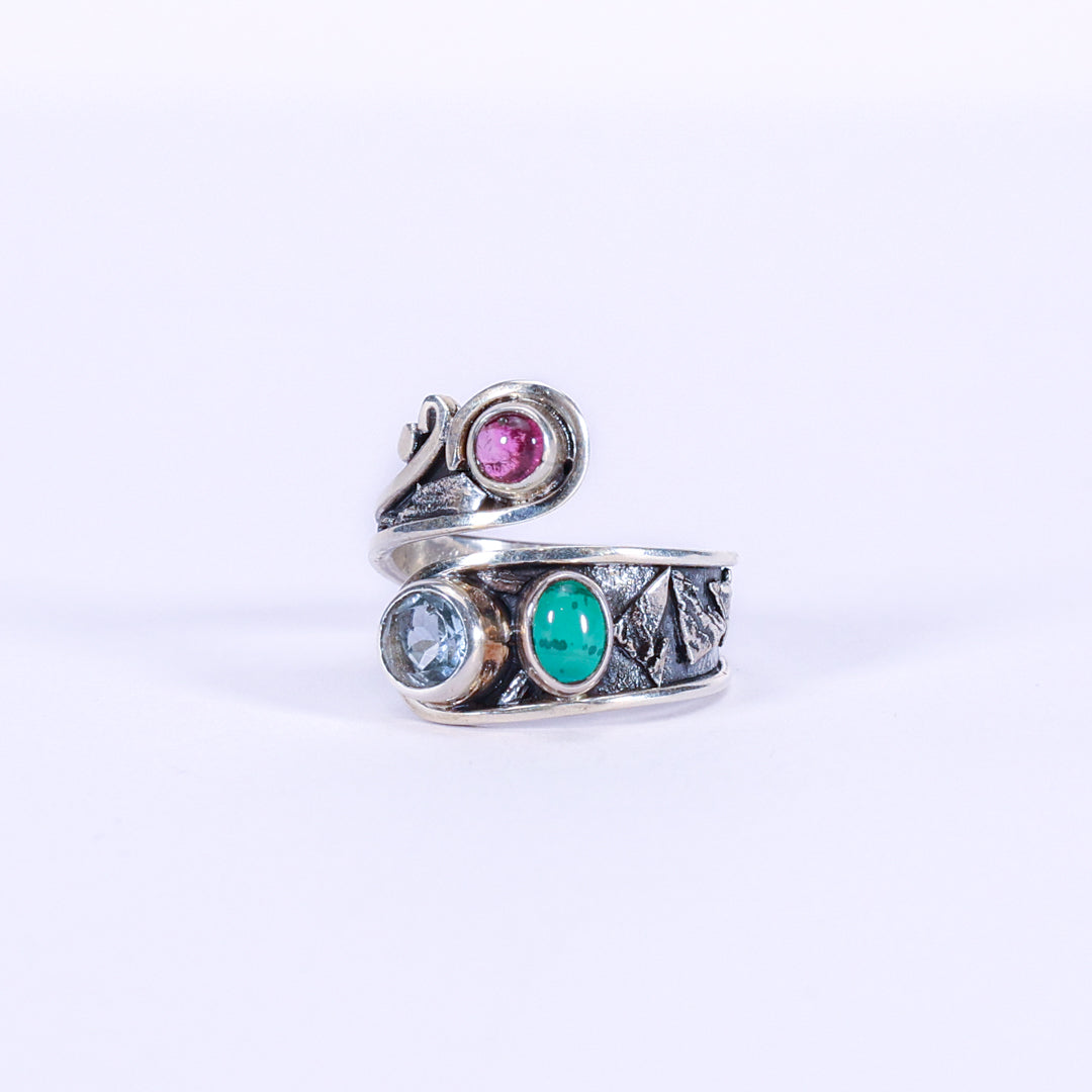 Triple malachite, garnet, and white sapphire ring - Joyeux