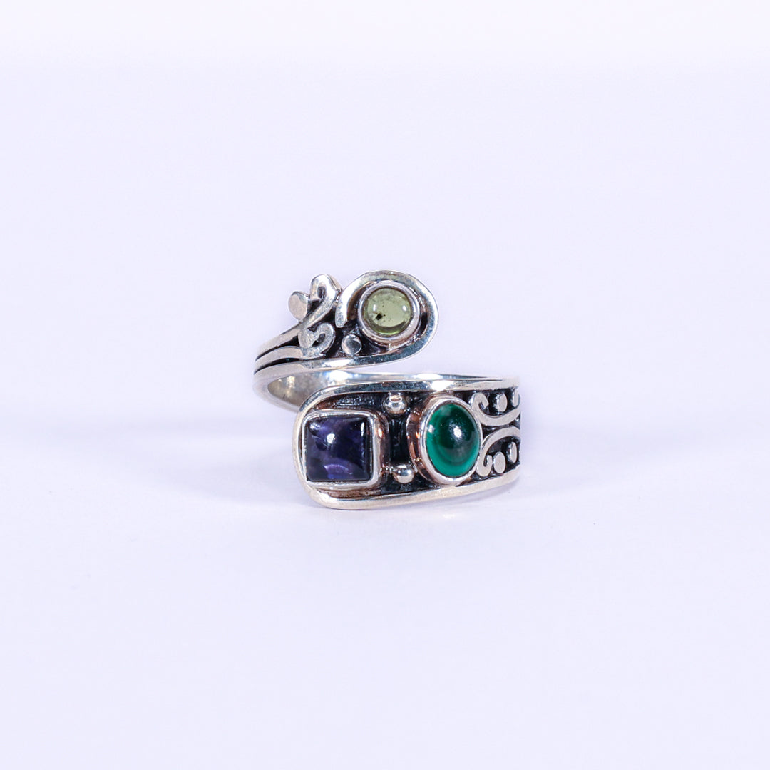 Triple peridot, iolite, and malachite ring - Aine