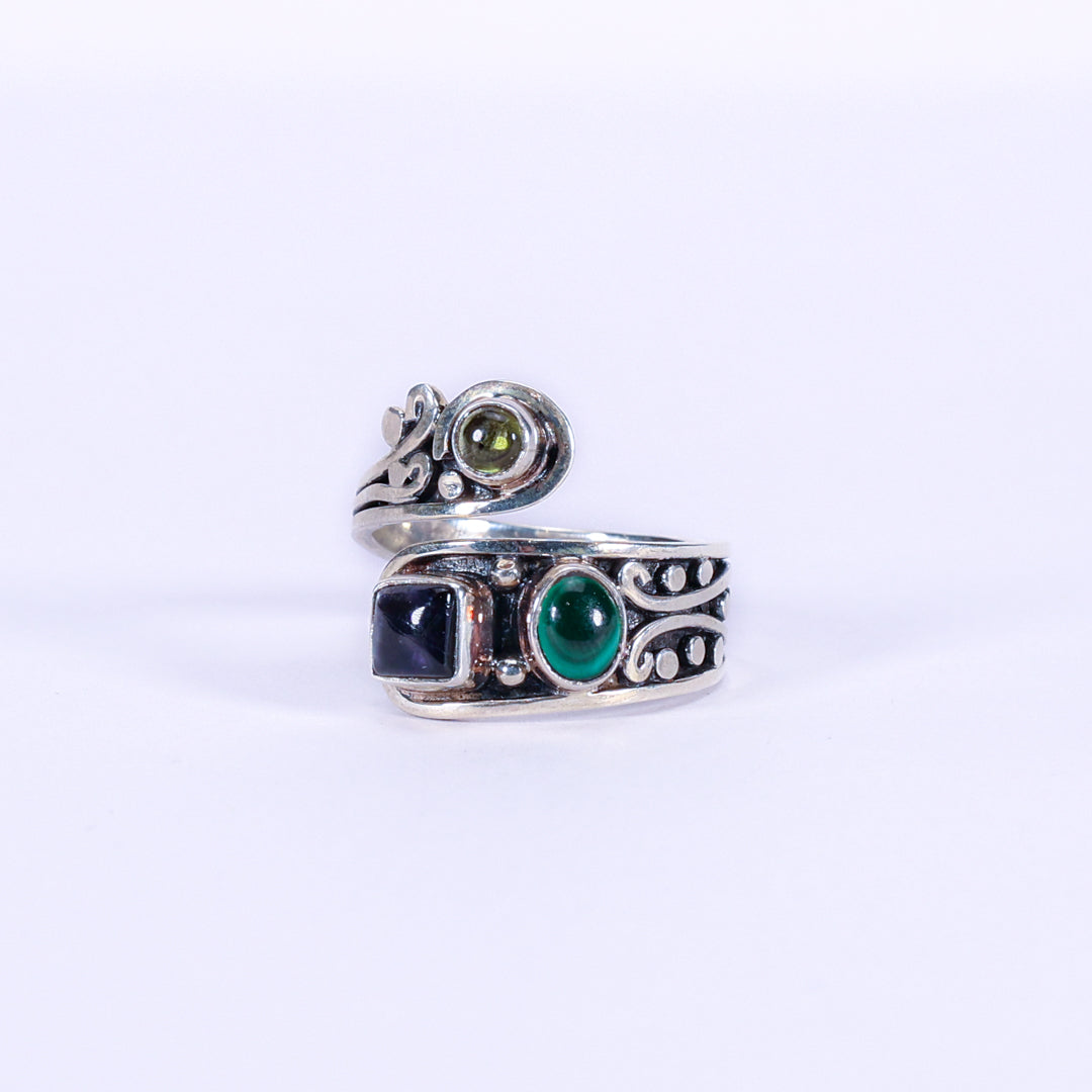 Triple peridot, iolite, and malachite ring - Aine