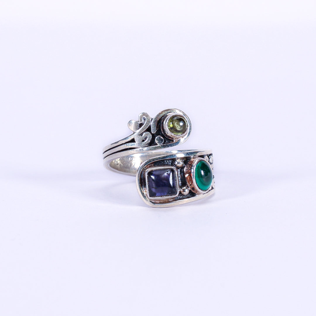 Triple peridot, iolite, and malachite ring - Aine