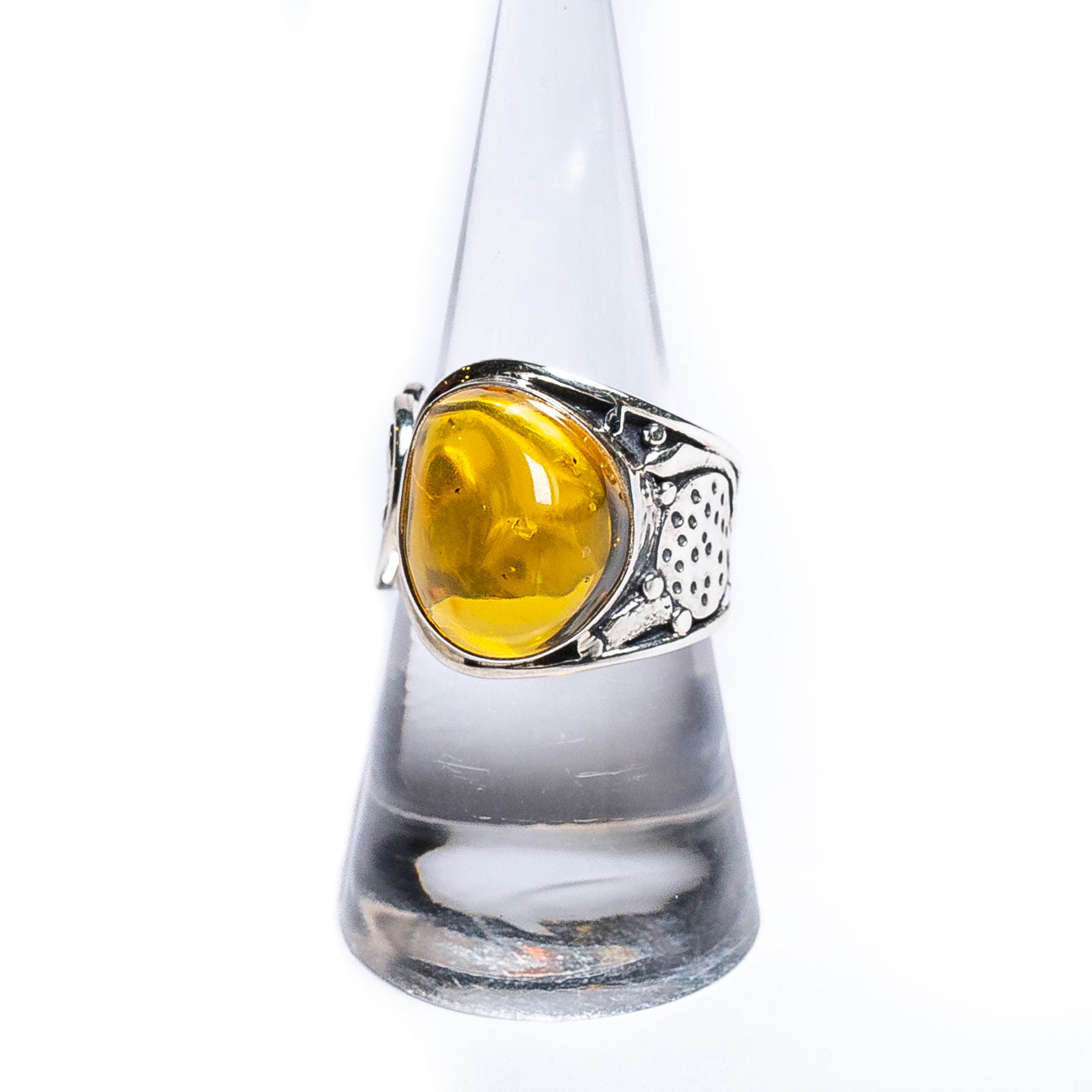 Silver and yellow amber ring - crease