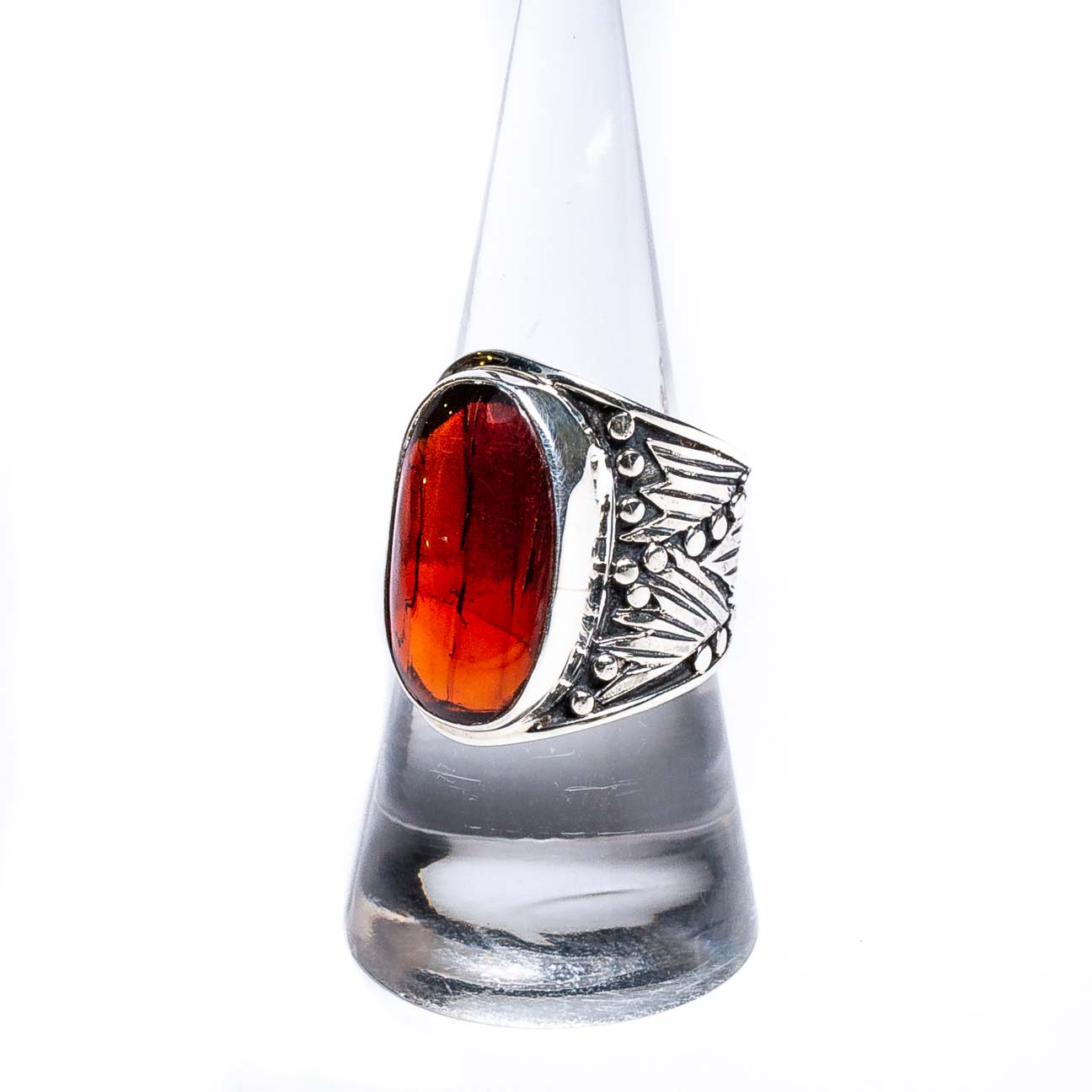 Cognac amber and silver ring - springy