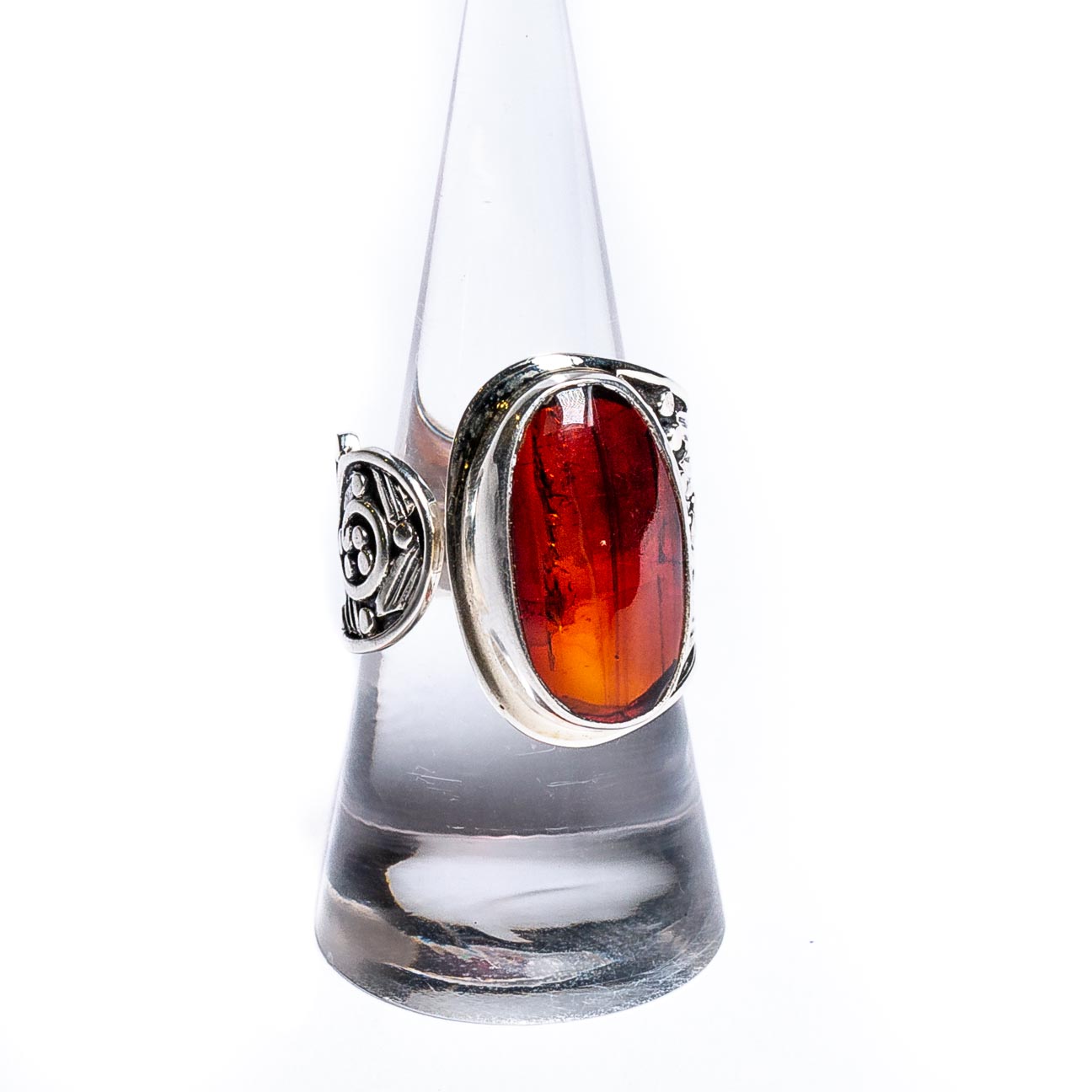 Cognac amber and silver ring - springy