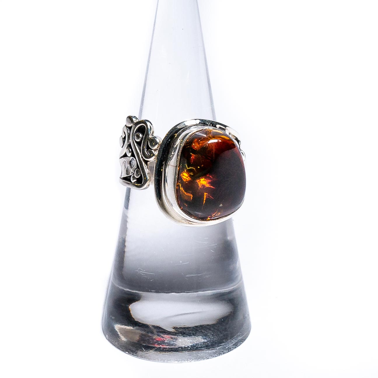 Silver and red amber ring - Coastal