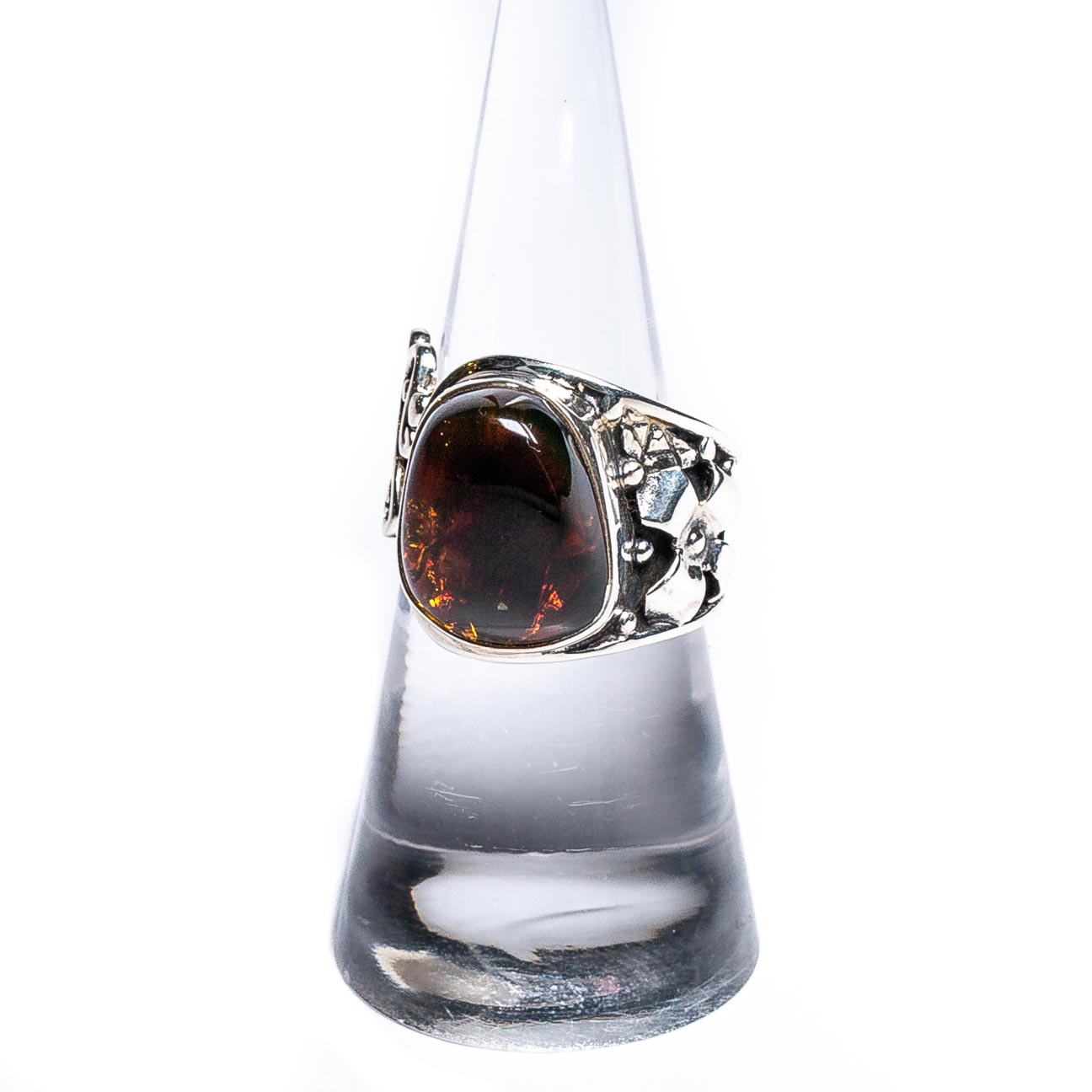 Silver and red amber ring - coastal
